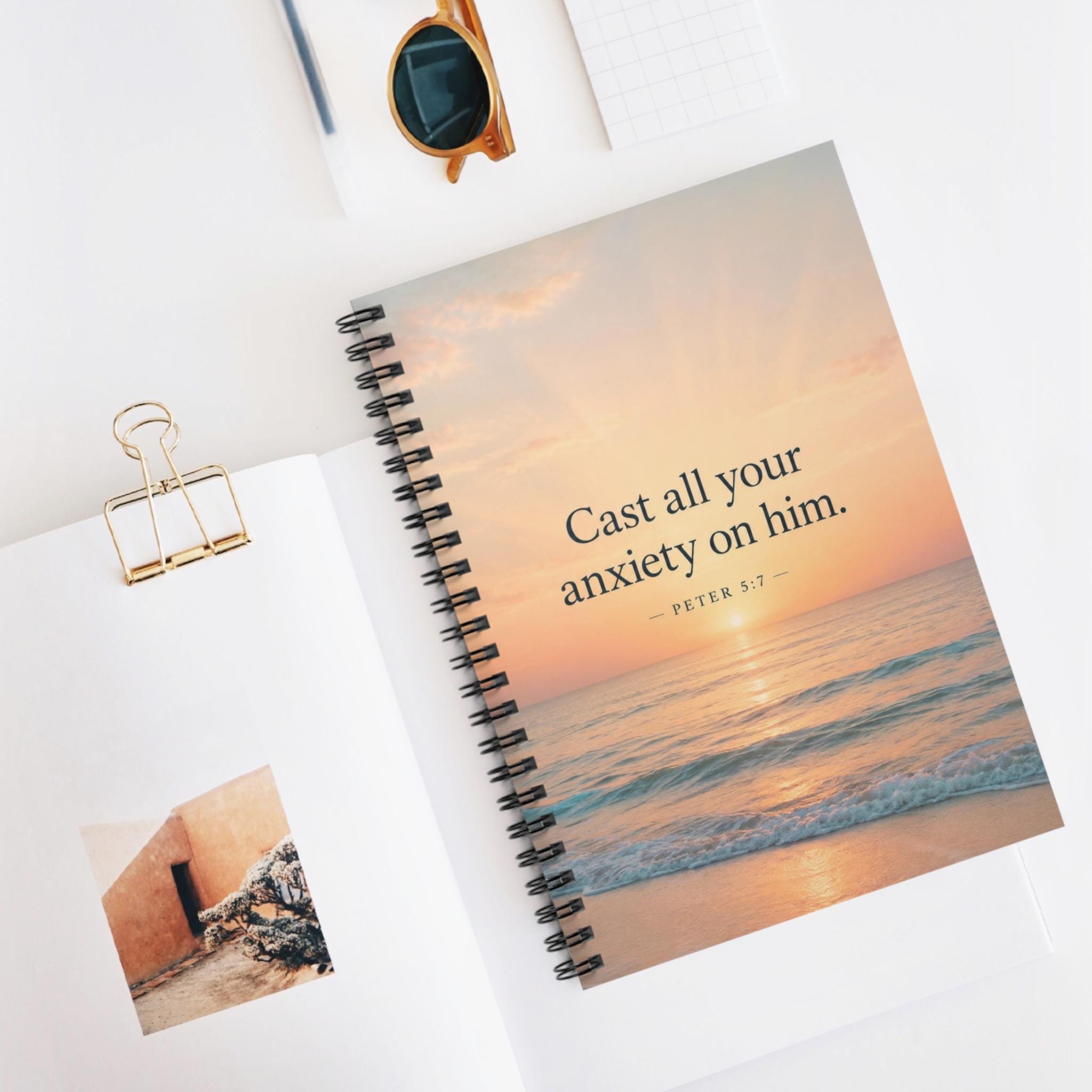 Christian Notebook, Faith Journal, Beach Sunset Scripture Spiral Notebook (Peter 5:7)