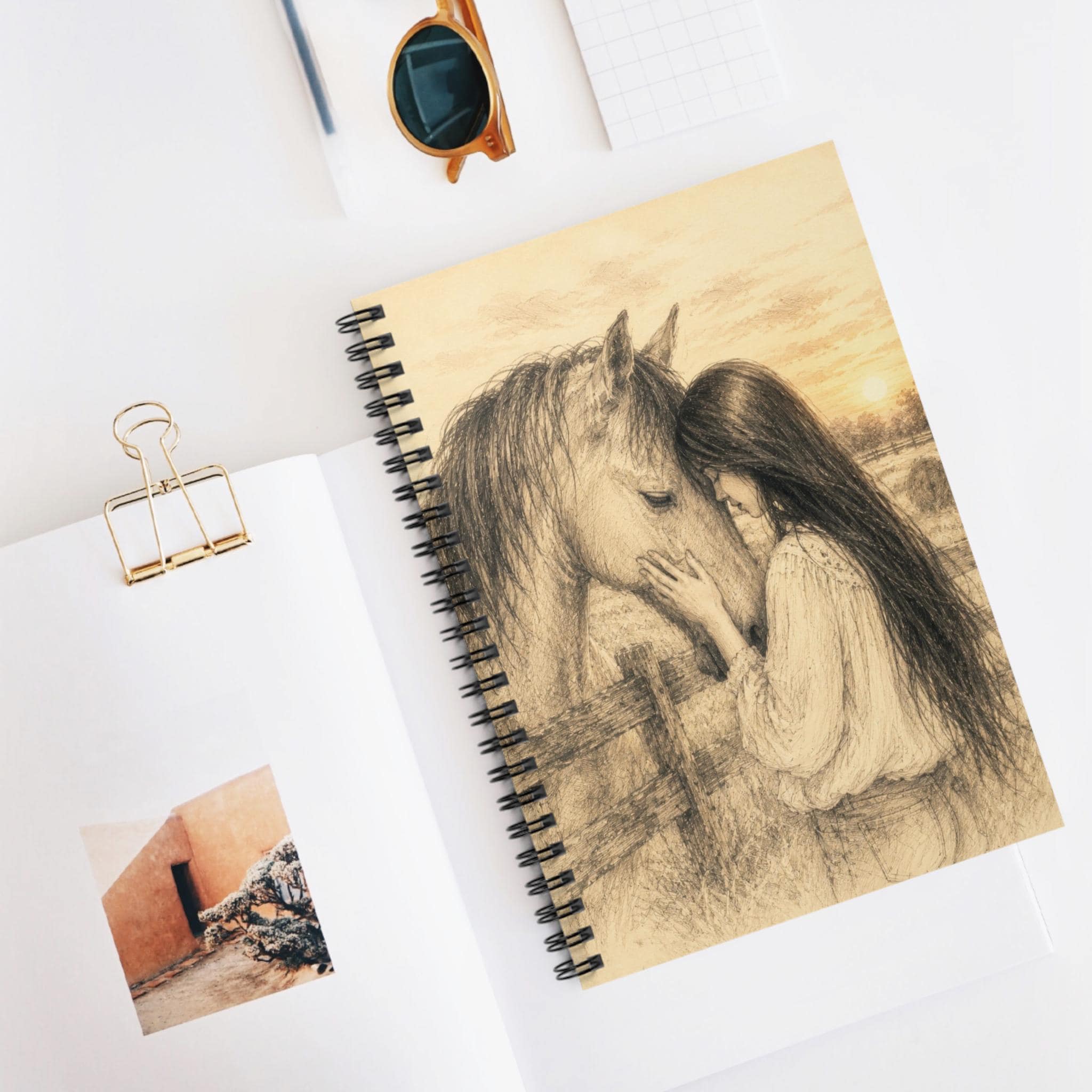 Sepia Sketch Girl Horse Spiral Notebook, Equestrian Journal, 6x8 Ruled Pages