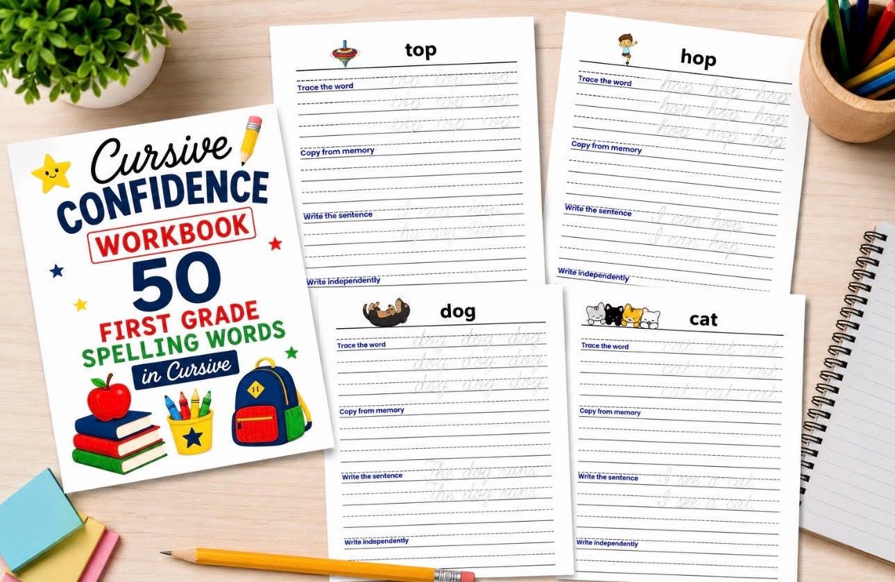50 First Grade Cursive Spelling Words Workbook, Cursive Handwriting Practice, Homeschool PDF, Digital Download