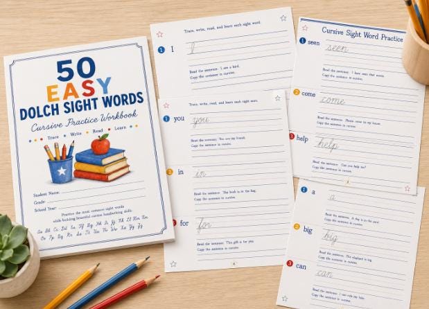 Dolch Sight Words Cursive Workbook, Handwriting Practice, First Grade Homeschool (Digital Download)