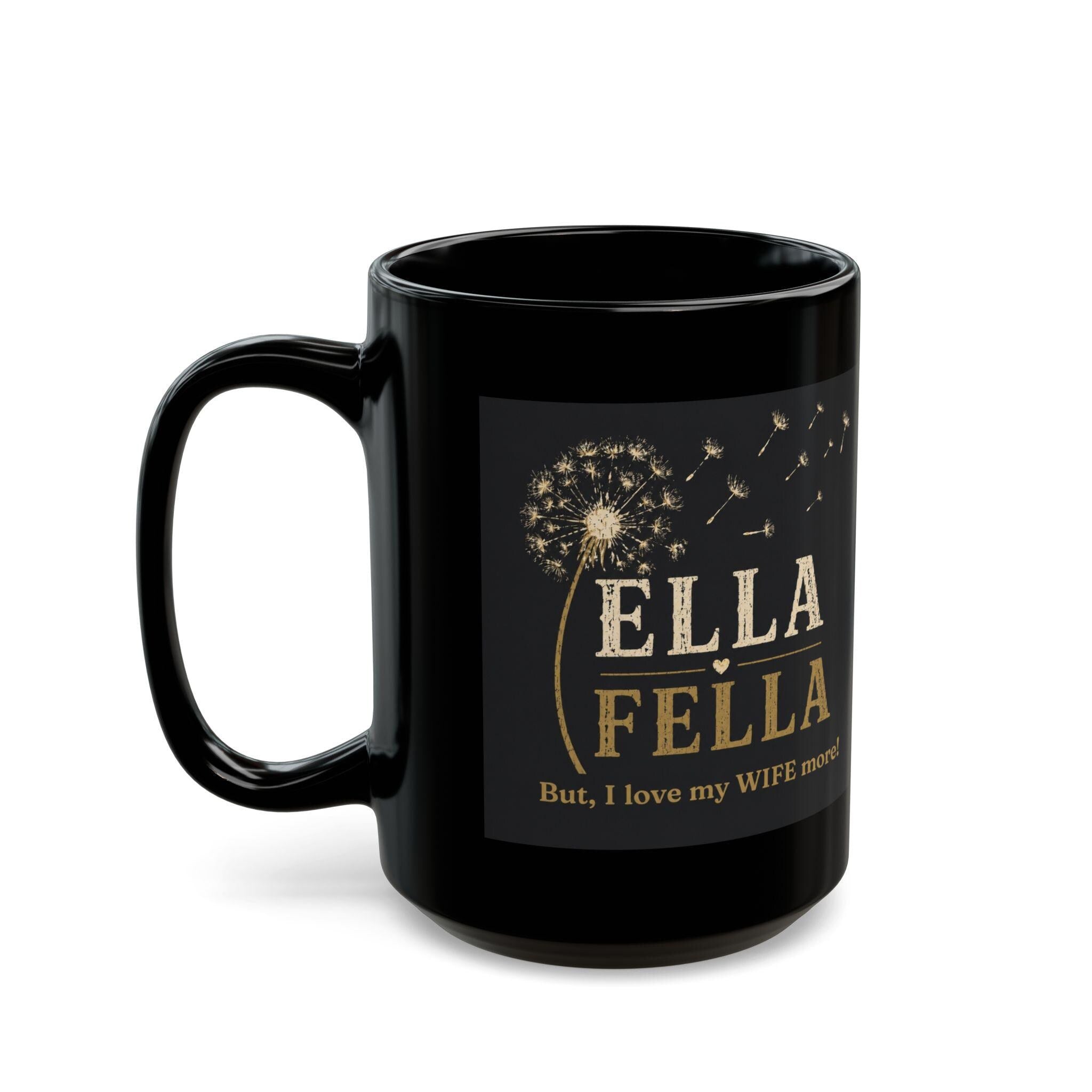 Black Ceramic Dandelion Mug, 15oz, Retro Gold Print, Husband Wife Gift