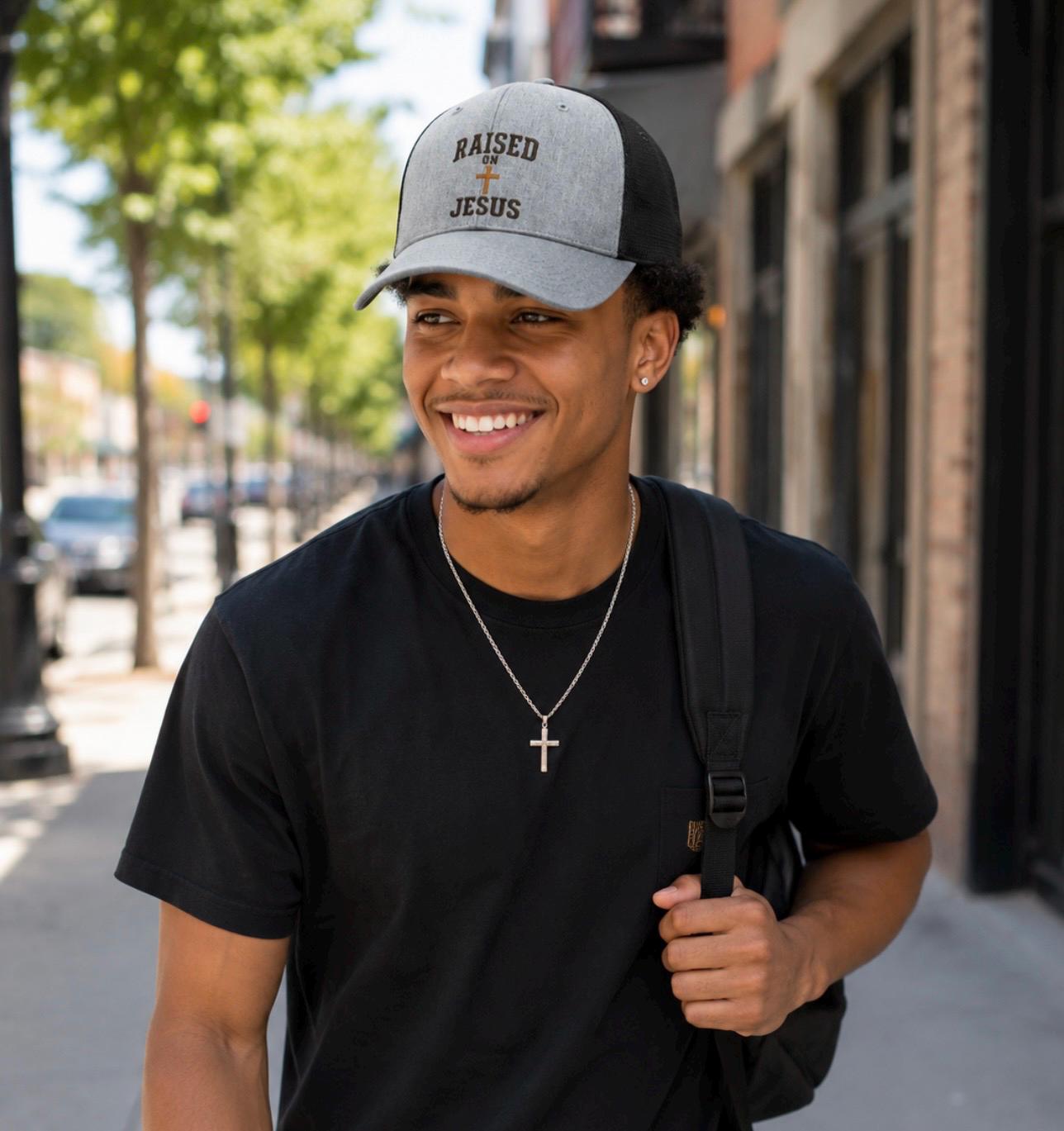Raised on Jesus Trucker Hat, Vintage Style Embroidered Cross Cap