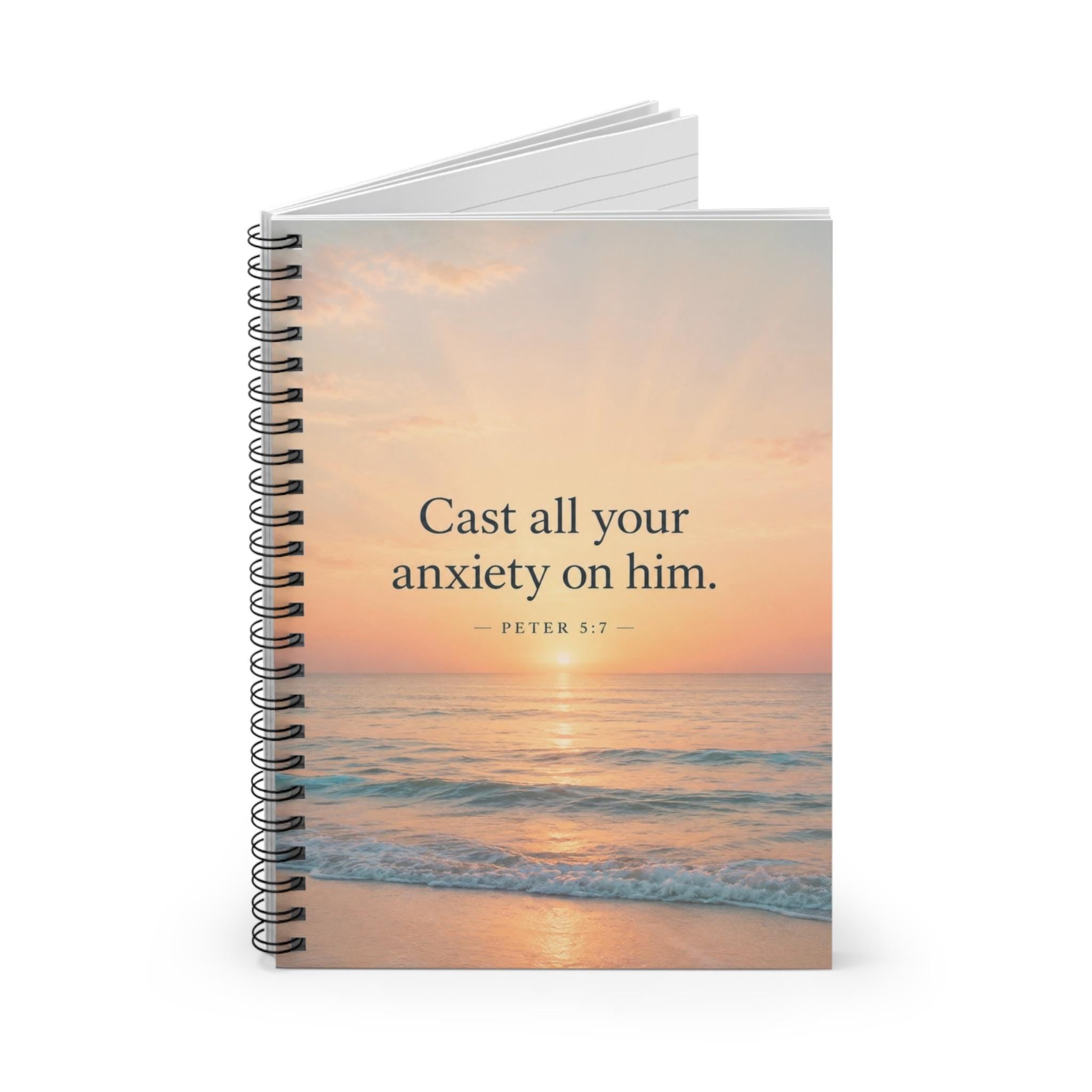 Christian Notebook, Faith Journal, Beach Sunset Scripture Spiral Notebook (Peter 5:7)