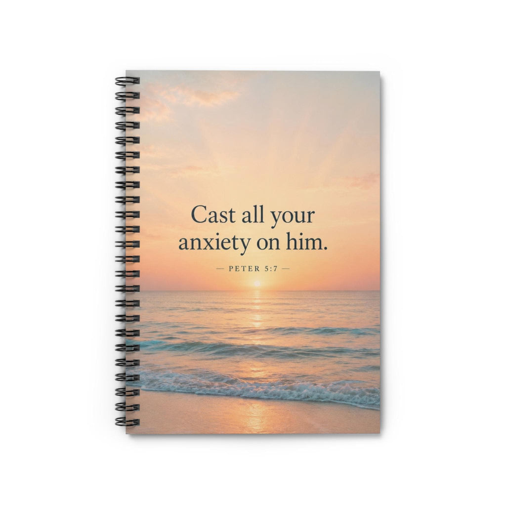 Christian Notebook, Faith Journal, Beach Sunset Scripture Spiral Notebook (Peter 5:7)