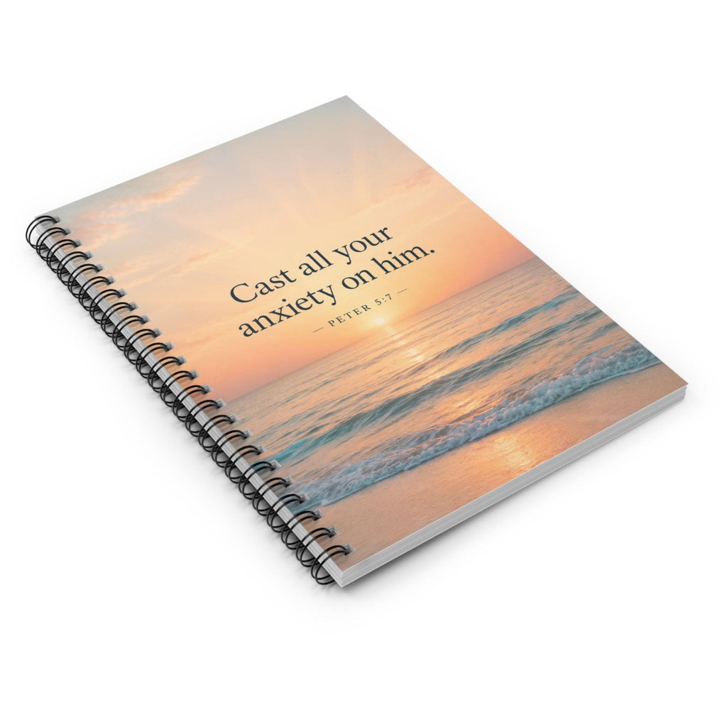 Christian Notebook, Faith Journal, Beach Sunset Scripture Spiral Notebook (Peter 5:7)