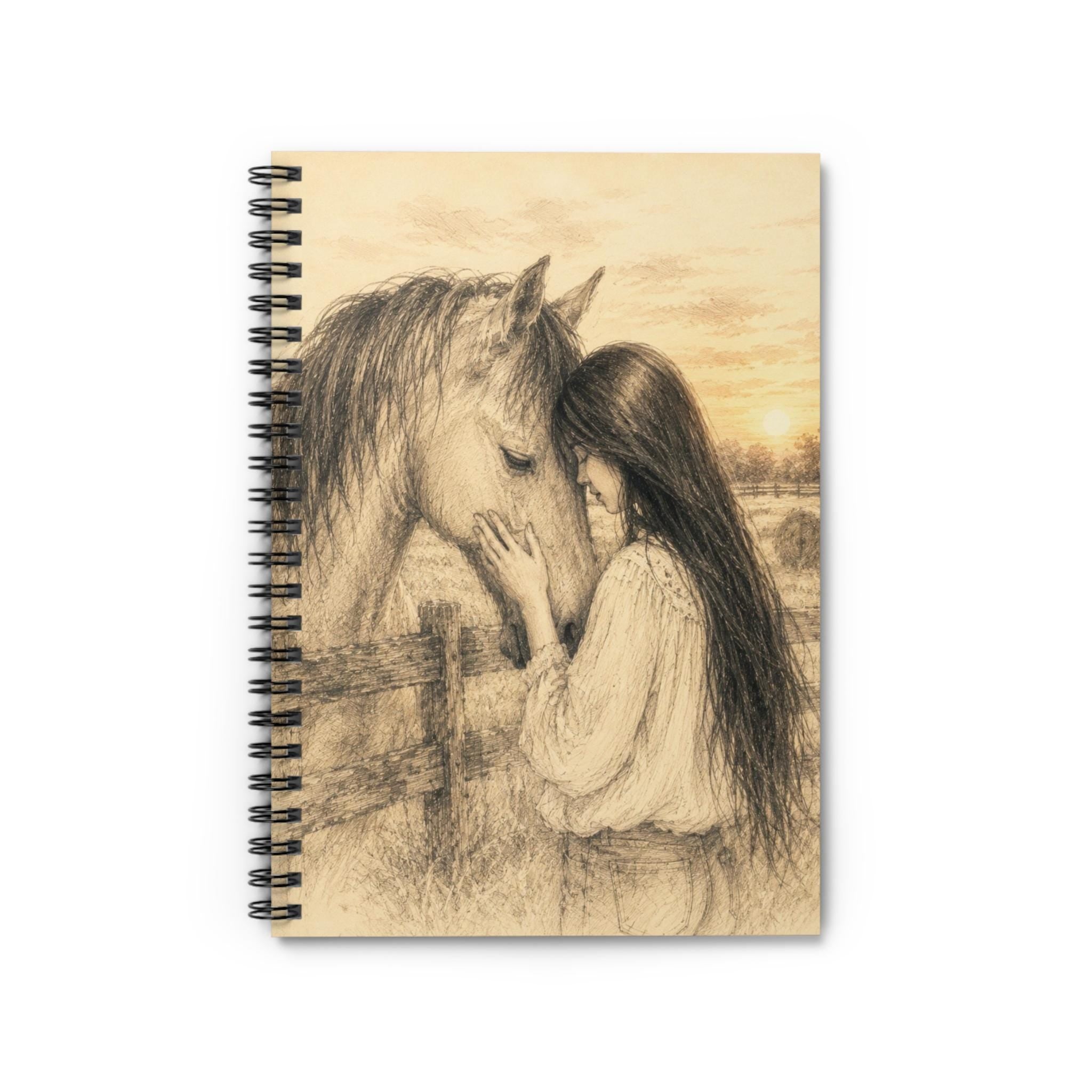 Sepia Sketch Girl Horse Spiral Notebook, Equestrian Journal, 6x8 Ruled Pages