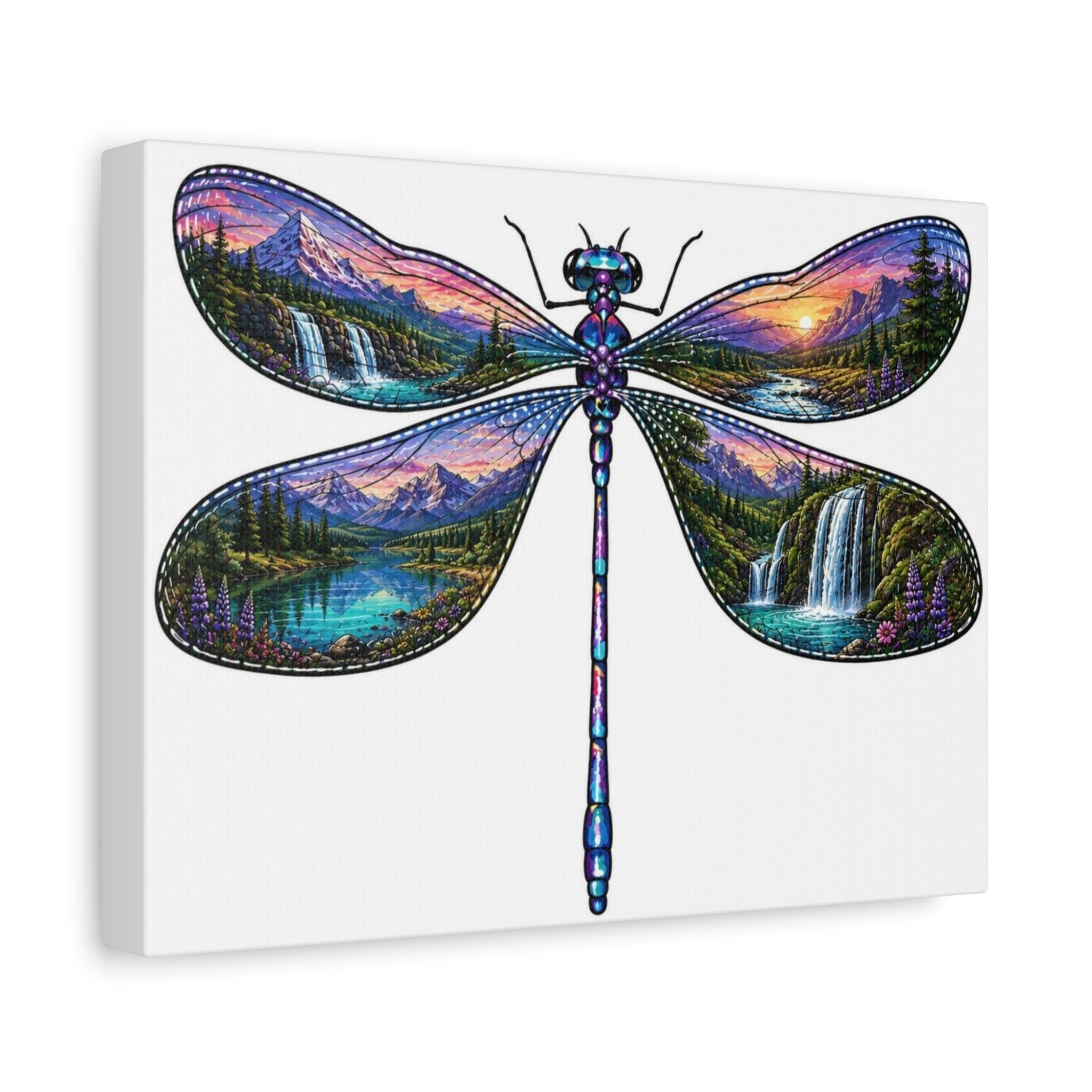 Dragonfly Landscape Canvas Art, Nature Scene Wall Decor, Sunrise Waterfall Painting