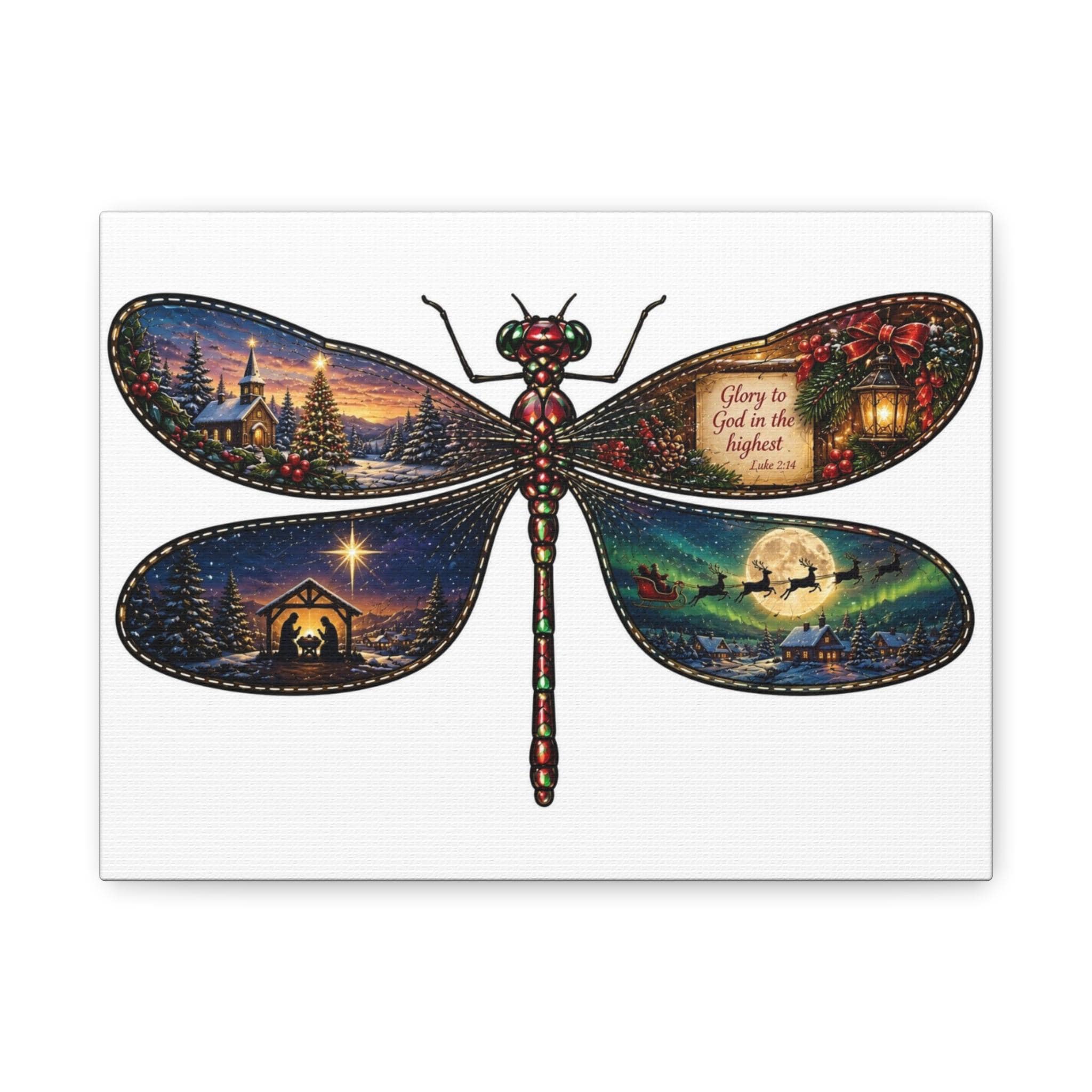 Dragonfly Nativity Scene Christmas Canvas, Winter Holiday Wall Art