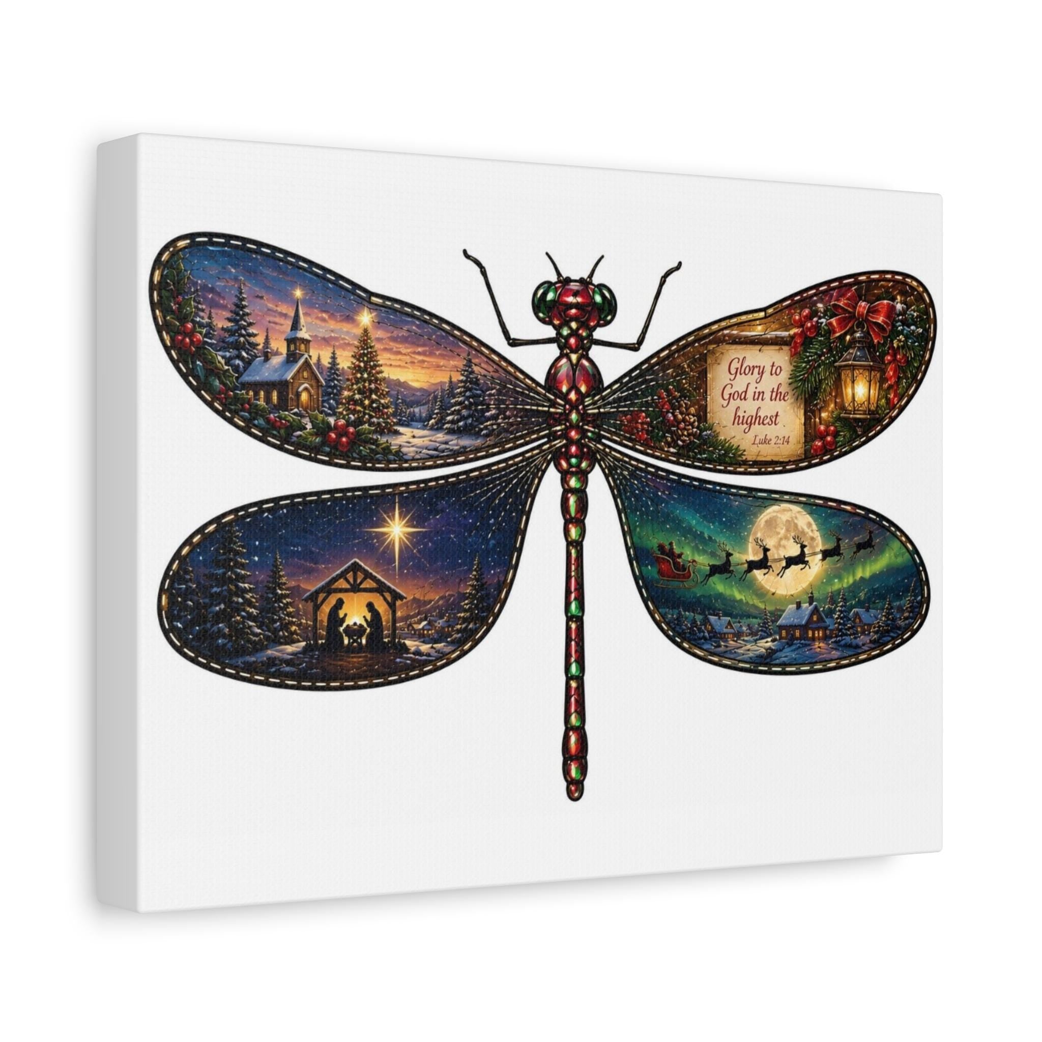 Dragonfly Nativity Scene Christmas Canvas, Winter Holiday Wall Art