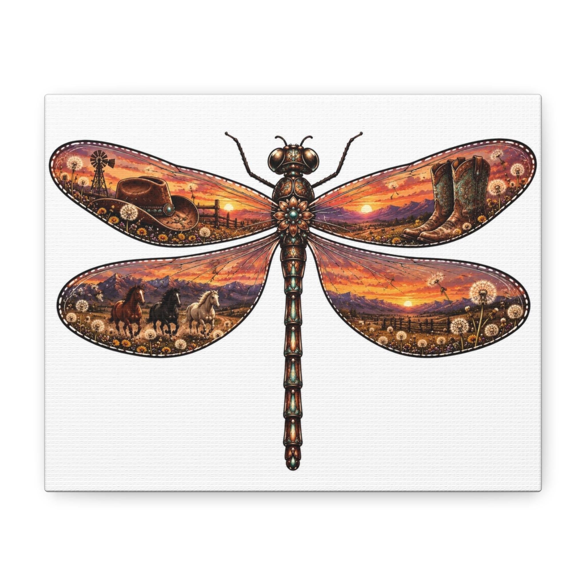 Dragonfly Canvas Print, Western Scenes, Sunset Art, Rustic Home Decor
