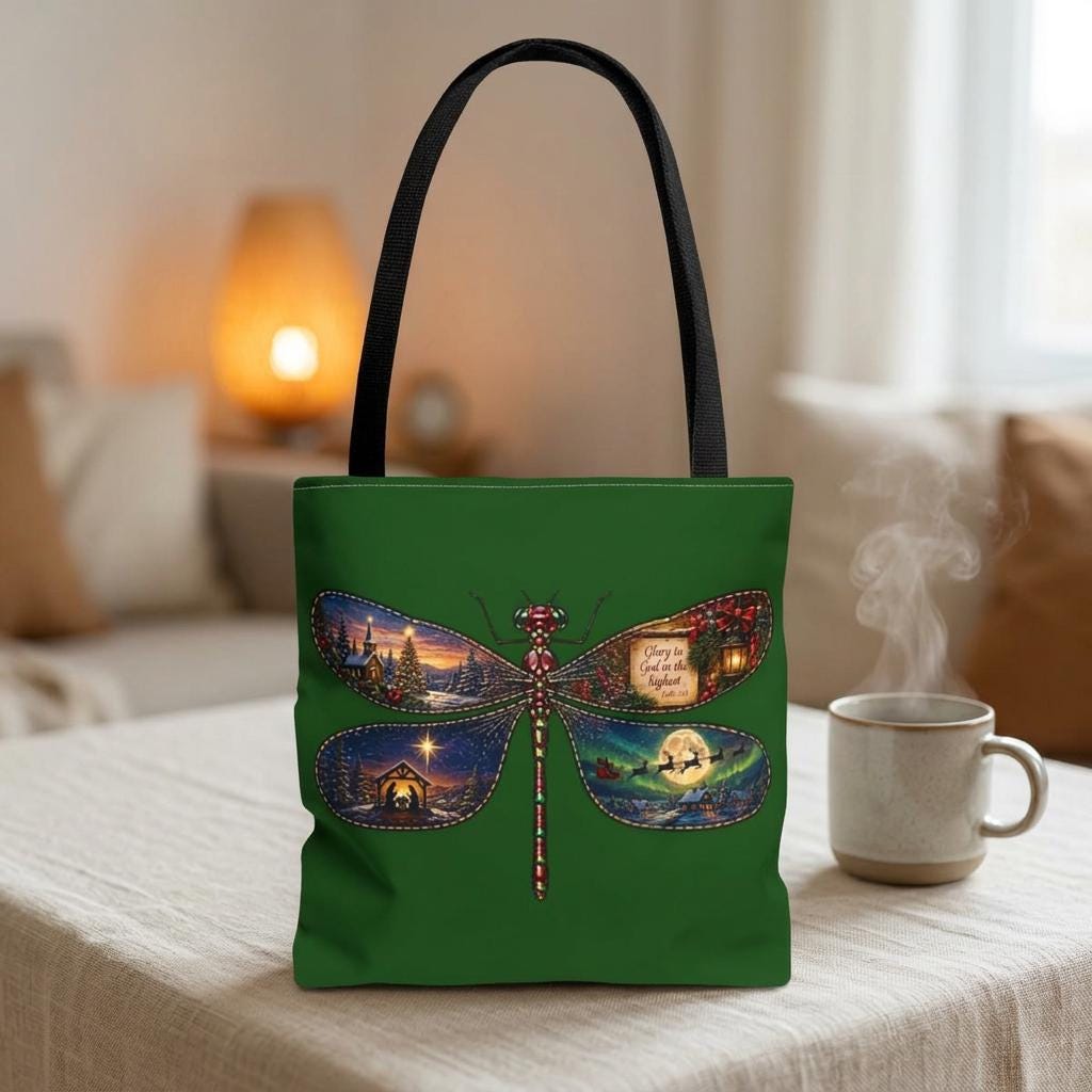 Nativity Dragonfly Tote Bag, Holiday Christmas Scene Wings