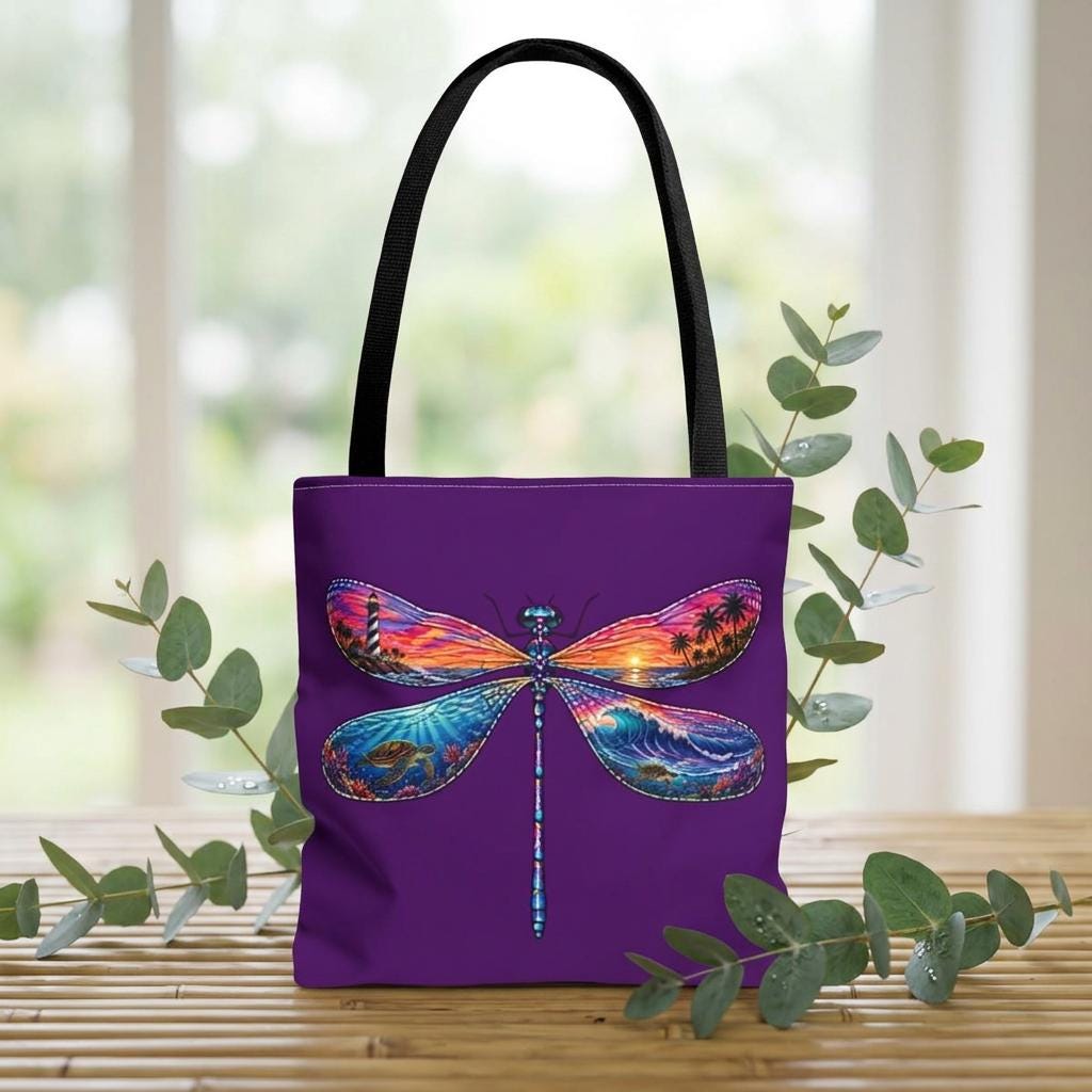 Dragonfly Sunset Tote Bag, Coastal Beach Art, Nautical Seaside Accessory