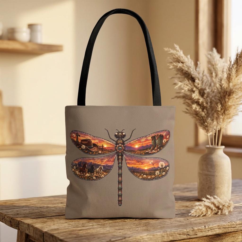Dragonfly Tote Bag, Southwestern Sunset Landscape Art, Country Western Tote