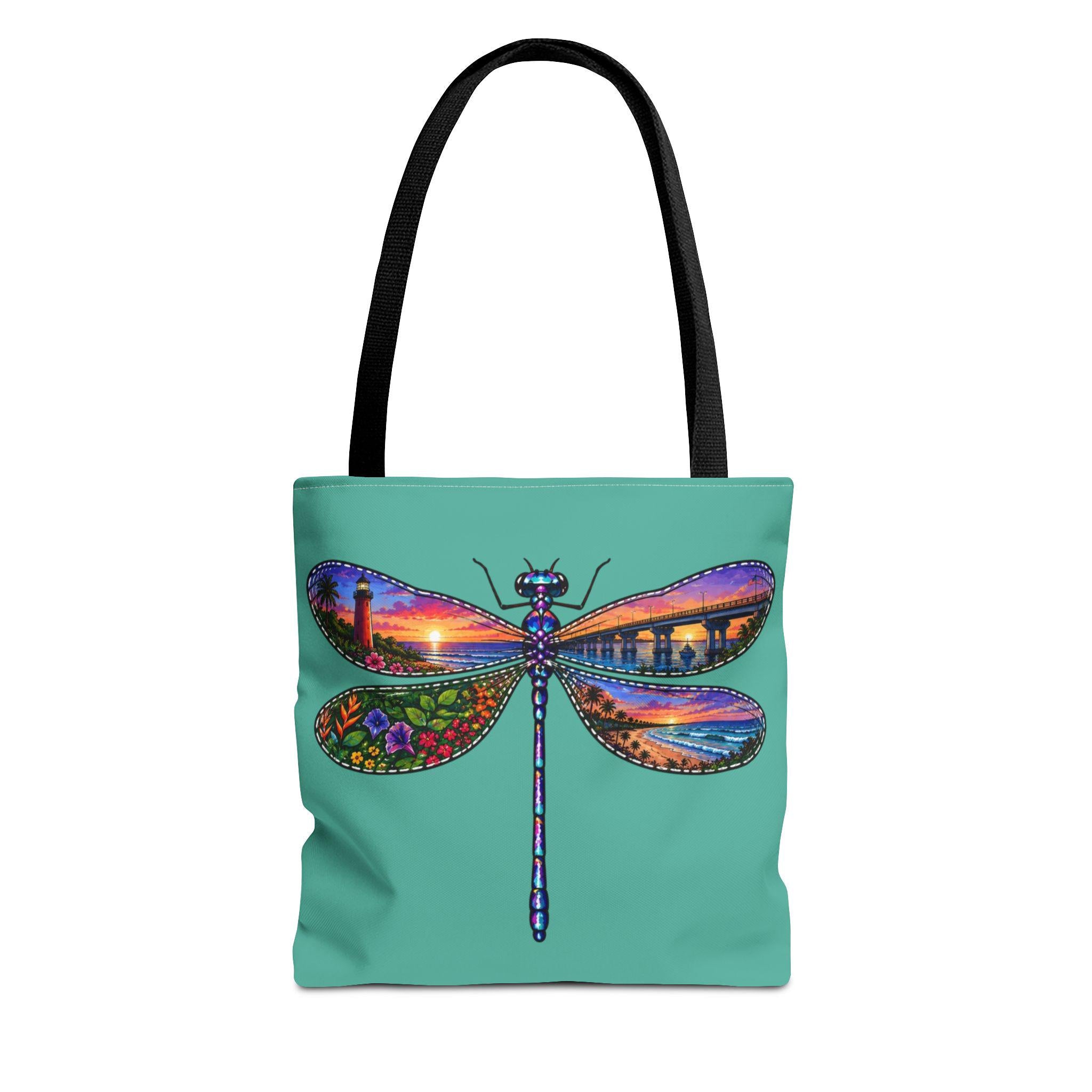Dragonfly Sunset Lighthouse Tote Bag, Coastal Beach Art, Florida Souvenir