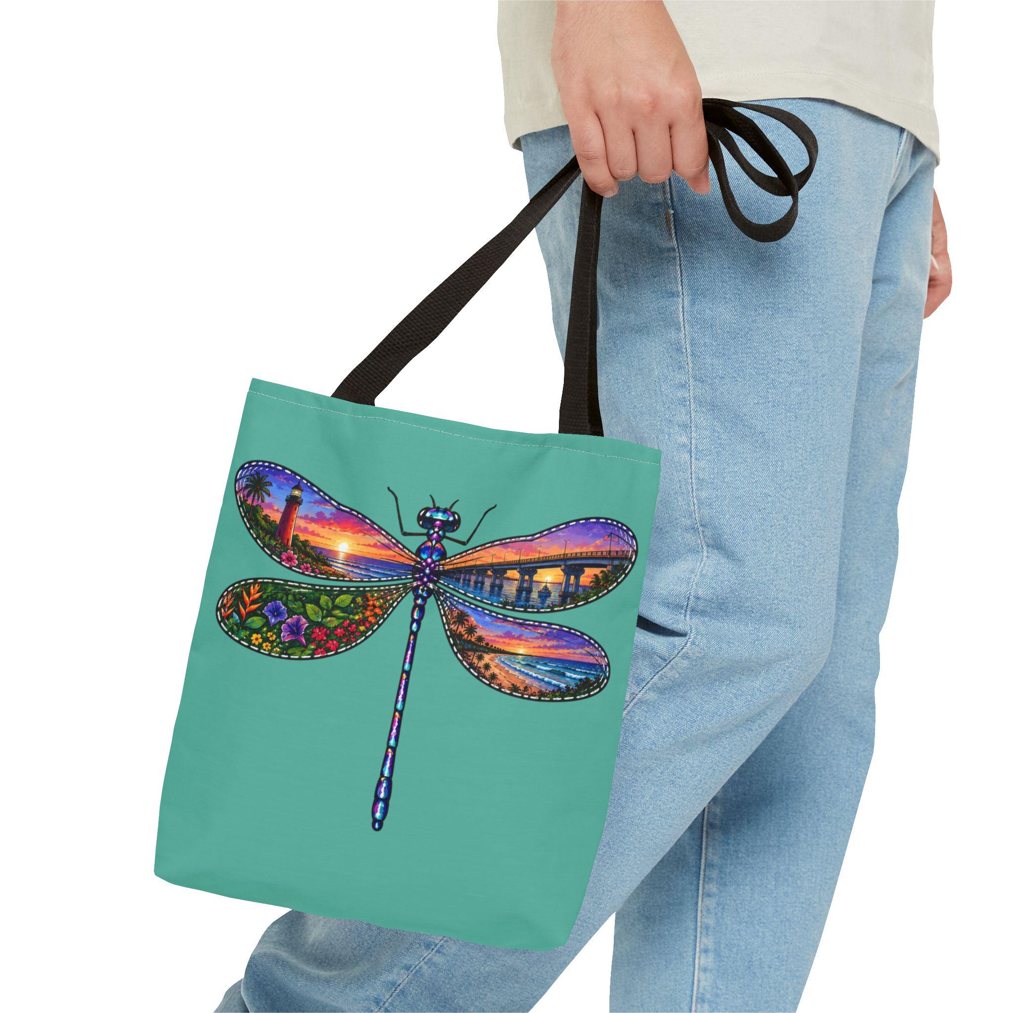 Dragonfly Sunset Lighthouse Tote Bag, Coastal Beach Art, Florida Souvenir