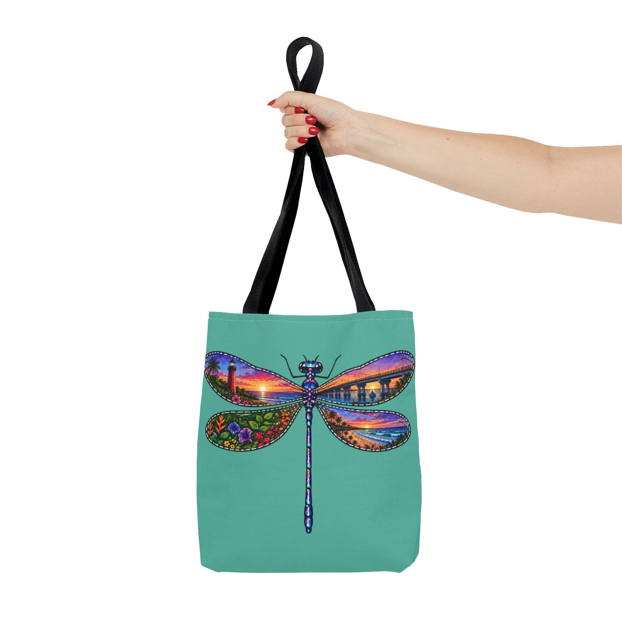 Dragonfly Sunset Lighthouse Tote Bag, Coastal Beach Art, Florida Souvenir