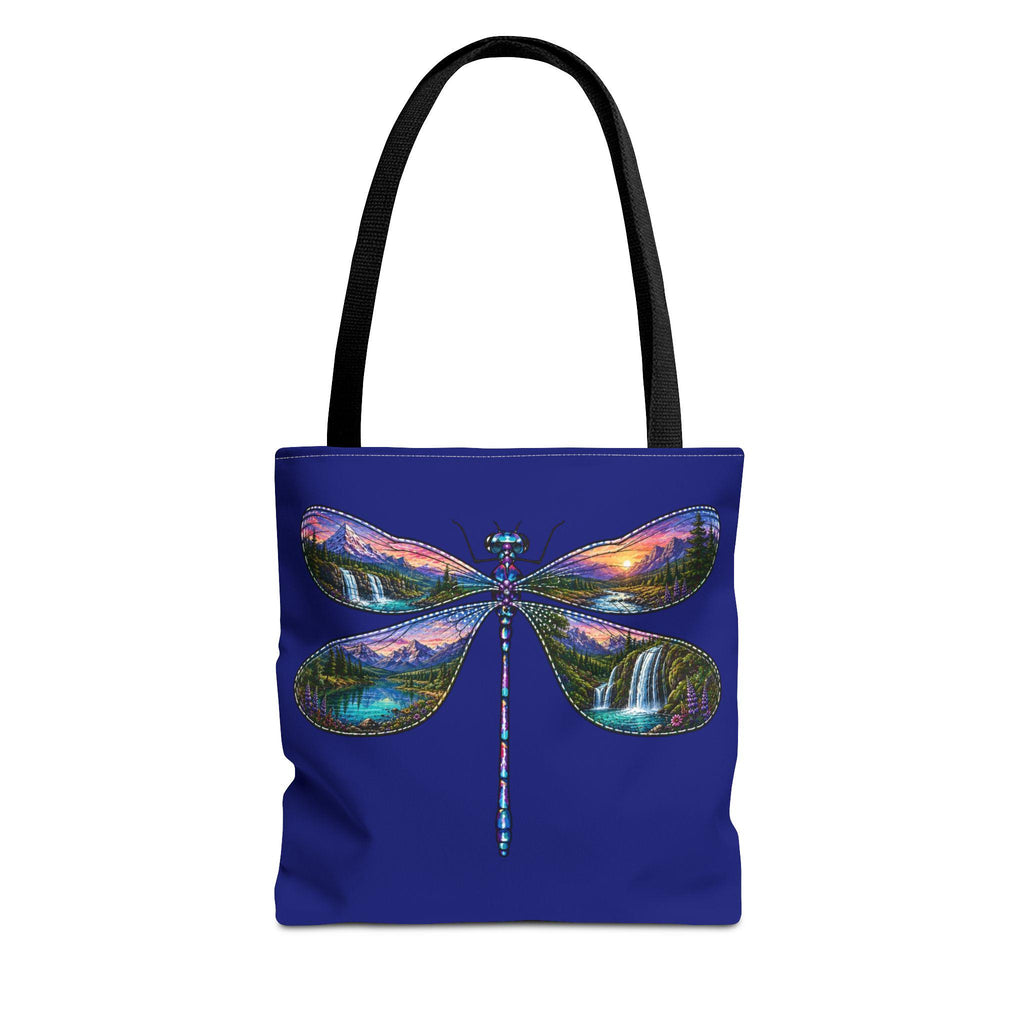 Dragonfly Landscape Tote Bag, Scenic Waterfall Wings, Blue Nature Art
