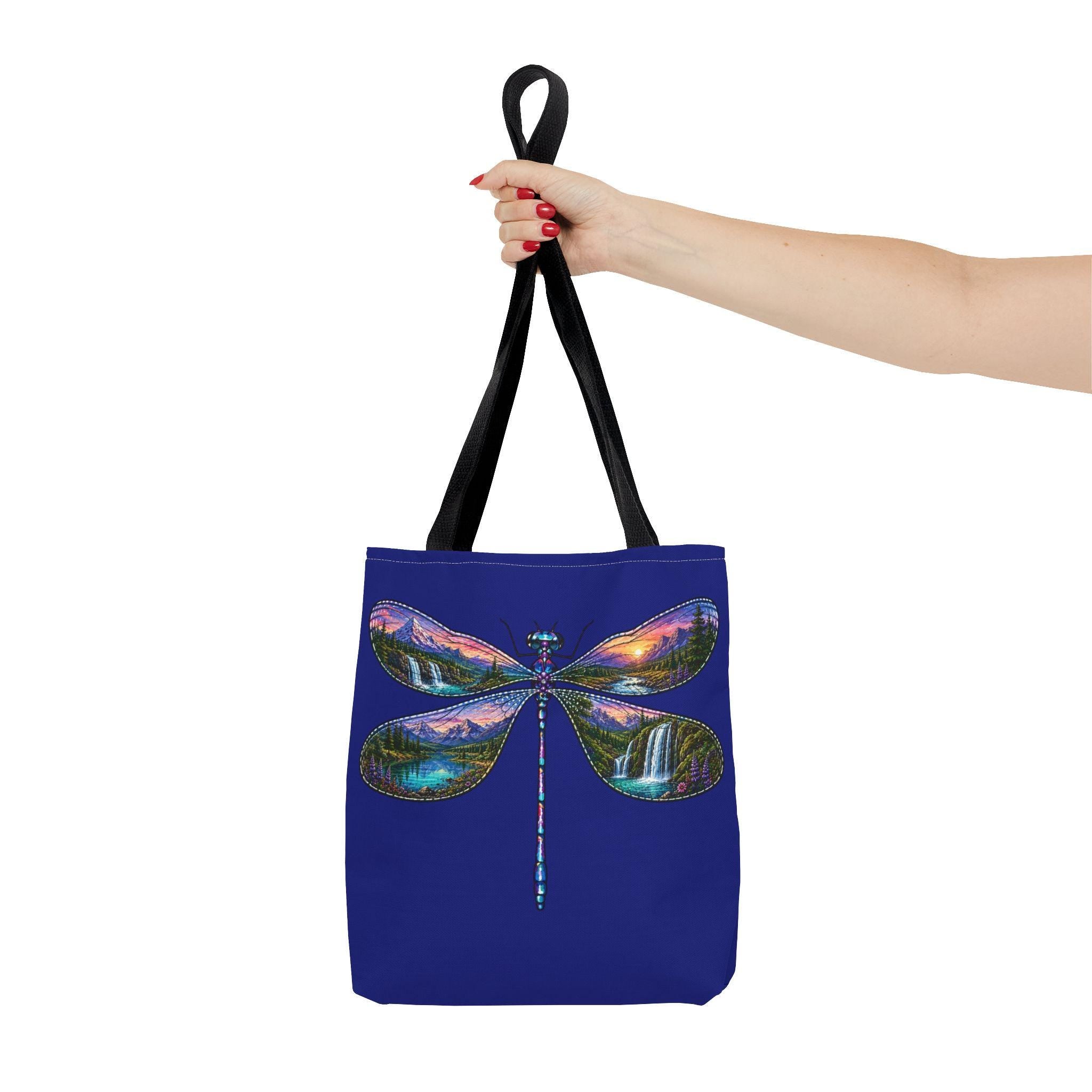 Dragonfly Landscape Tote Bag, Scenic Waterfall Wings, Blue Nature Art
