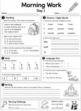 First Grade Morning Work Workbook | 20 Days of Math, Reading, Phonics, Writing & Language Arts | Printable PDF