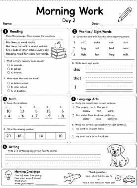 First Grade Morning Work Workbook | 20 Days of Math, Reading, Phonics, Writing & Language Arts | Printable PDF