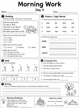 First Grade Morning Work Workbook | 20 Days of Math, Reading, Phonics, Writing & Language Arts | Printable PDF