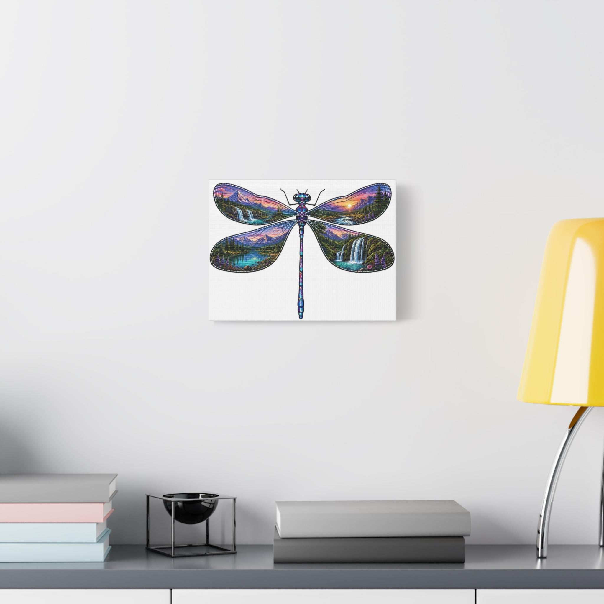 Dragonfly Landscape Canvas Art, Nature Scene Wall Decor, Sunrise Waterfall Painting