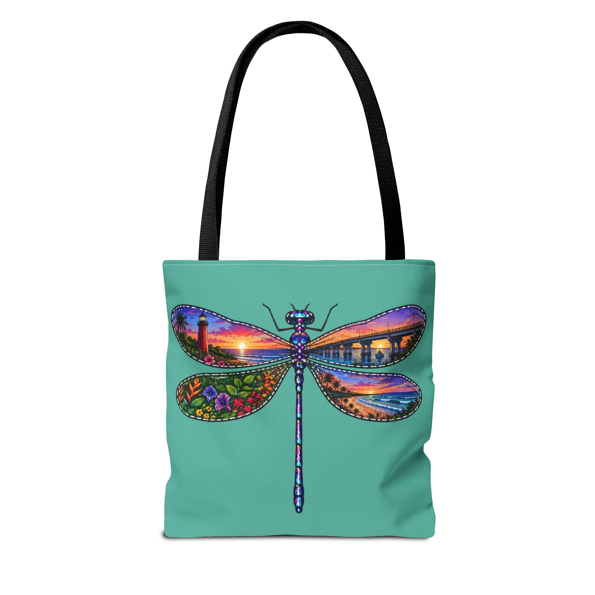 Dragonfly Sunset Lighthouse Tote Bag, Coastal Beach Art, Florida Souvenir