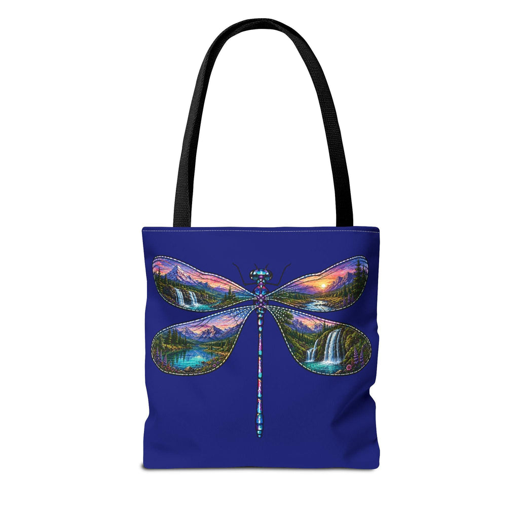 Dragonfly Landscape Tote Bag, Scenic Waterfall Wings, Blue Nature Art