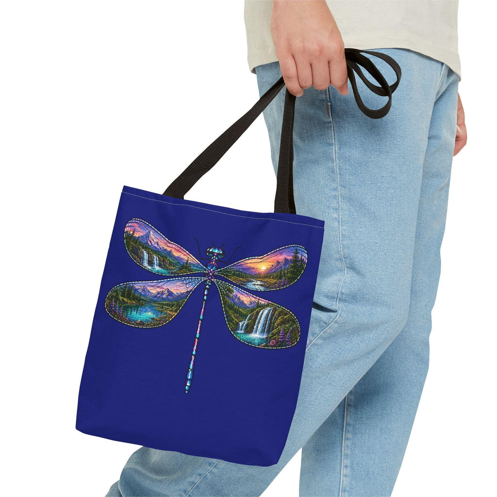 Dragonfly Landscape Tote Bag, Scenic Waterfall Wings, Blue Nature Art