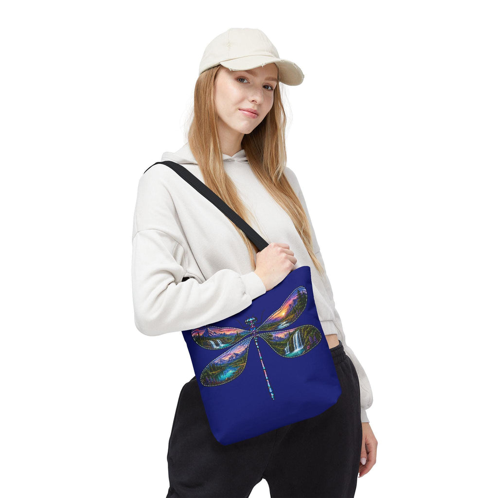 Dragonfly Landscape Tote Bag, Scenic Waterfall Wings, Blue Nature Art