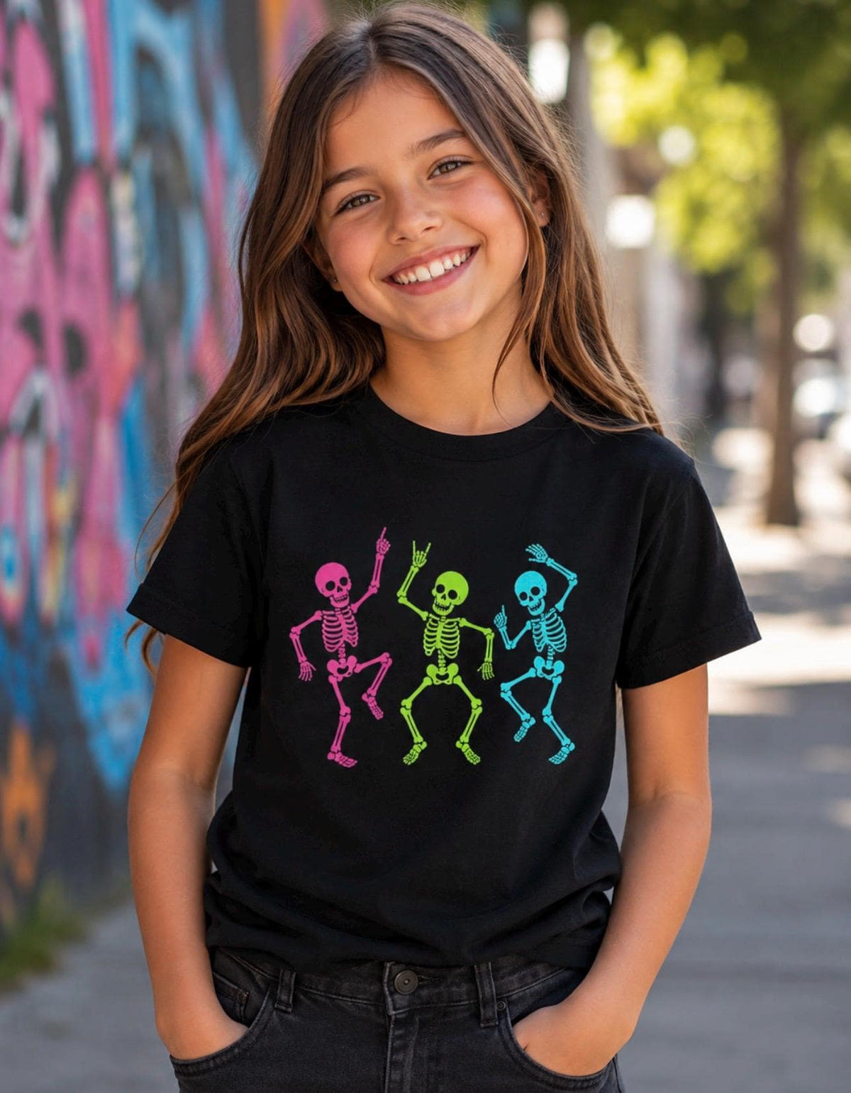 Neon Dancing Skeletons Kids Tee | Colorful Halloween Dance Shirt