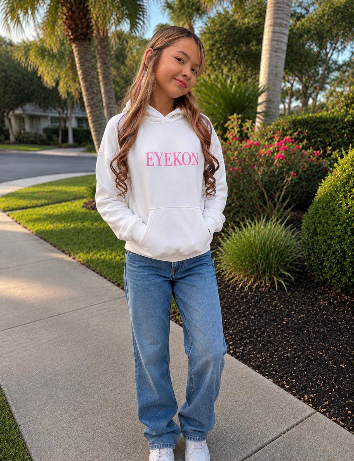EYEKON Kids Hoodie | Pink Text Logo, Minimal Graphic Sweatshirt, Girl's Gift