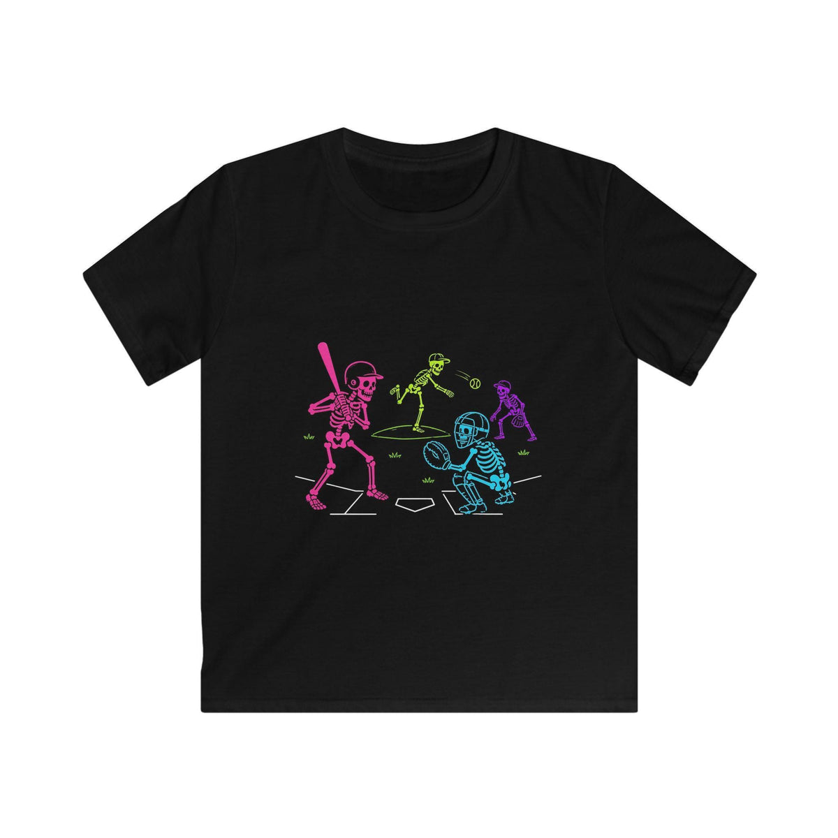 Neon Skeleton Baseball Kids Tee | Glowing Sports Night Design, Halloween Tee