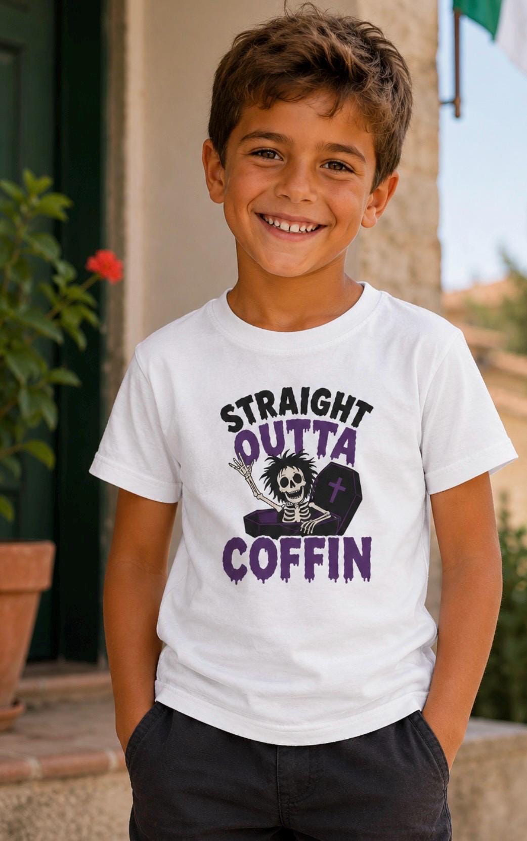 Straight Outta Coffin Toddler T-Shirt | Skeleton Coffin Halloween Design
