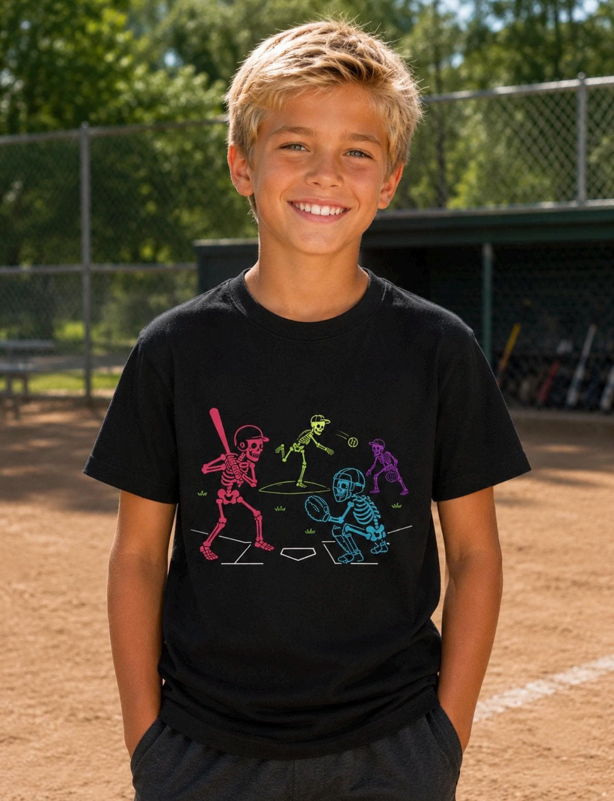 Neon Skeleton Baseball Kids Tee | Glowing Sports Night Design, Halloween Tee
