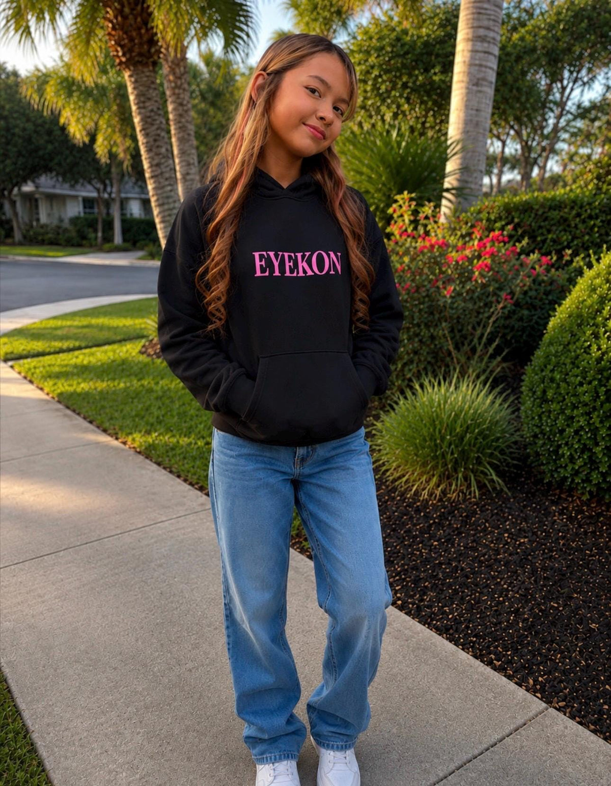 EYEKON Kids Hoodie | Pink Text Logo, Minimal Graphic Sweatshirt, Girl's Gift