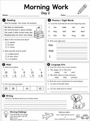 First Grade Morning Workbook | 20 Daily Math, Reading, Skills Worksheets (Digital Download)