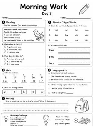 First Grade Morning Workbook | 20 Daily Math, Reading, Skills Worksheets (Digital Download)