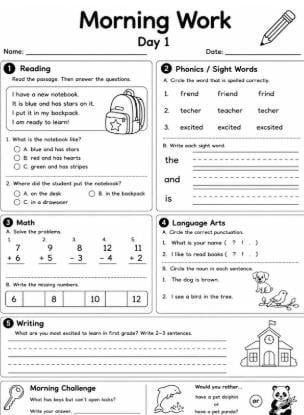 First Grade Morning Workbook | 20 Daily Math, Reading, Skills Worksheets (Digital Download)