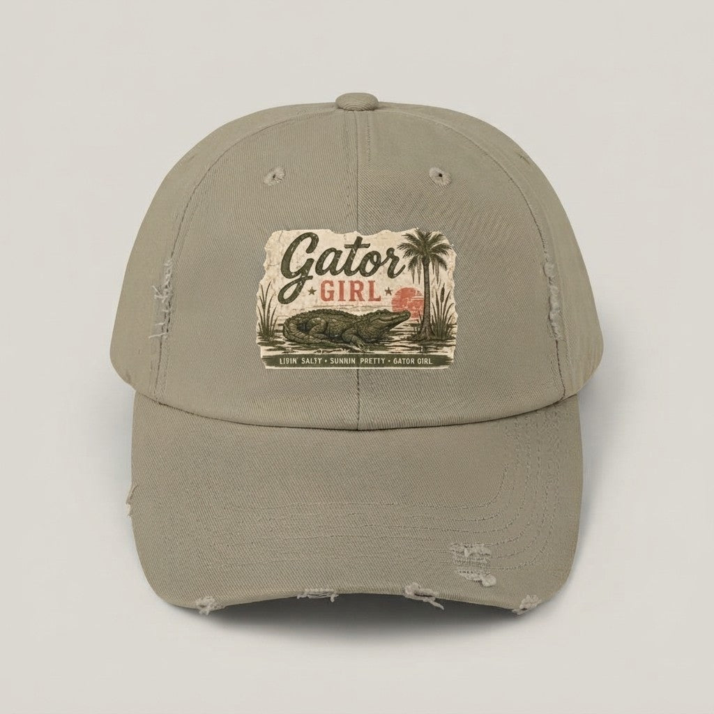 Gator Girl baseball cap | distressed alligator palm tree patch