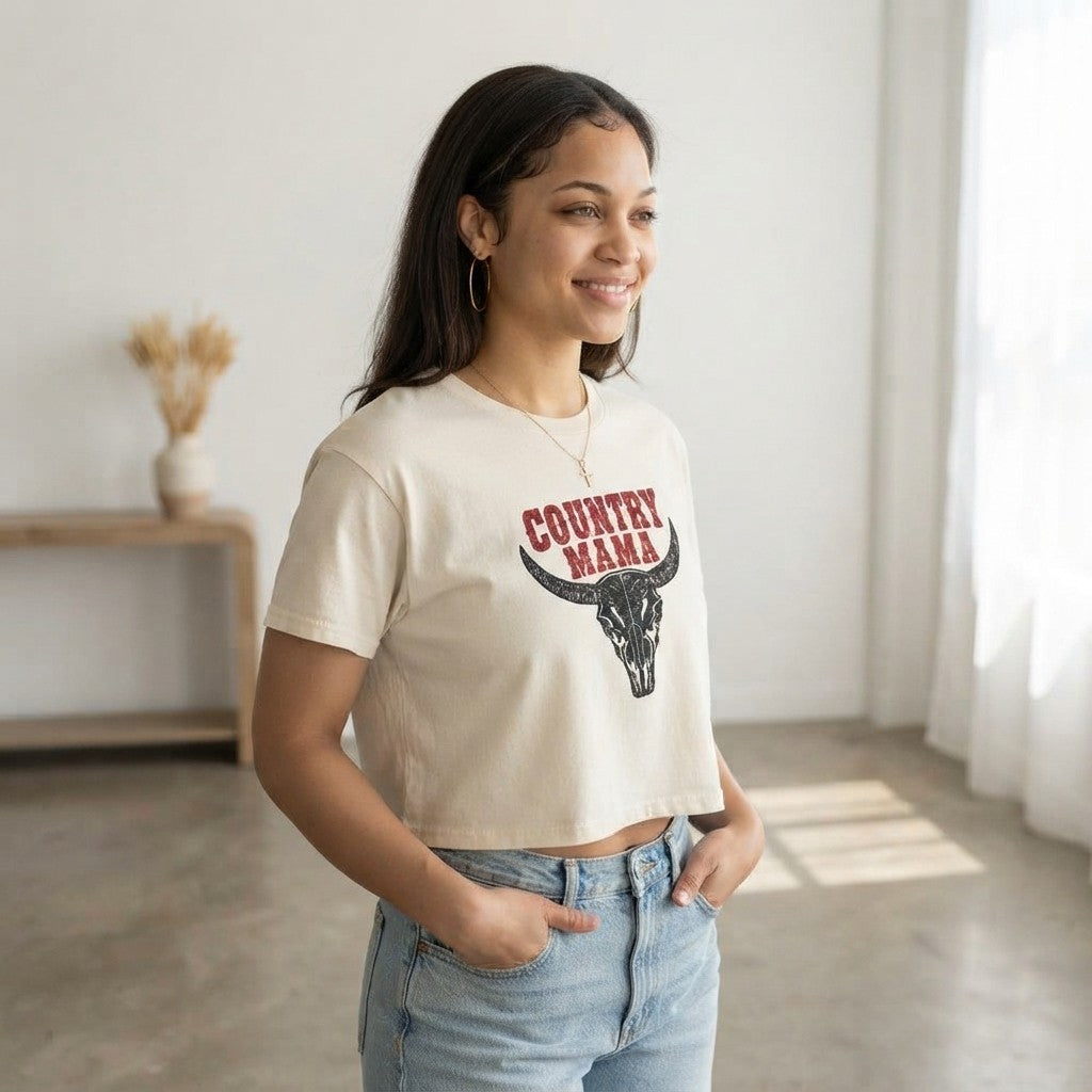 Country Mama Longhorn Skull Crop Tee | Western Cowgirl Shirt | Farm Life Country Graphic Top