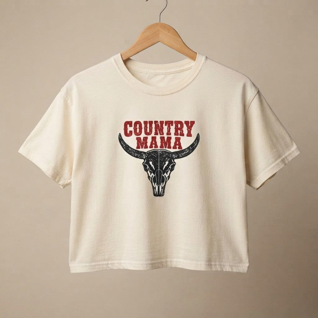 Country Mama Longhorn Skull Crop Tee | Western Cowgirl Shirt | Farm Life Country Graphic Top